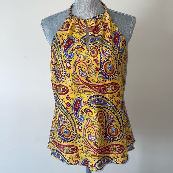 Ralph Lauren Colorful Silk Paisley Keyhole Halter Neck Top Yellow Large Petite - Picture 1 of 9
